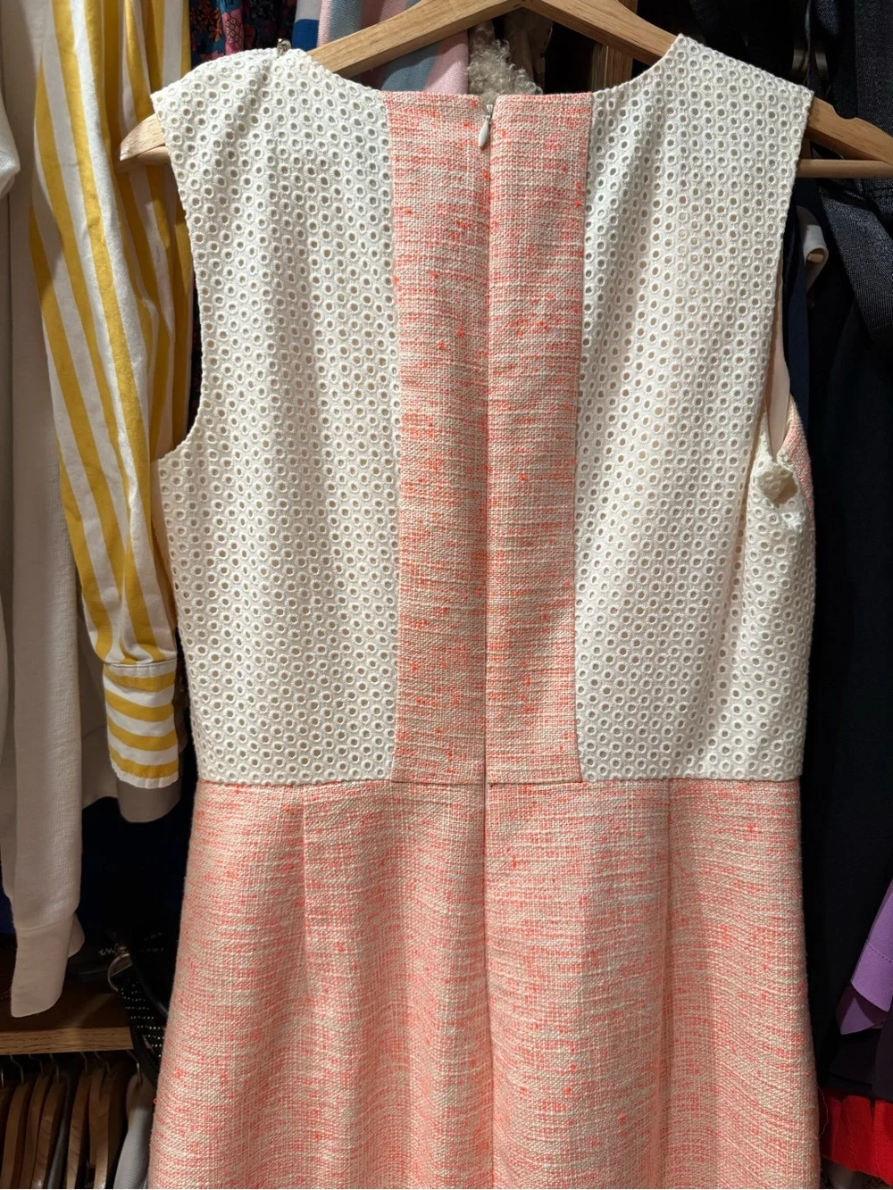 J. Crew Coral Pink Tweed V-Neck Sheath Dress with White Eyelet Trim